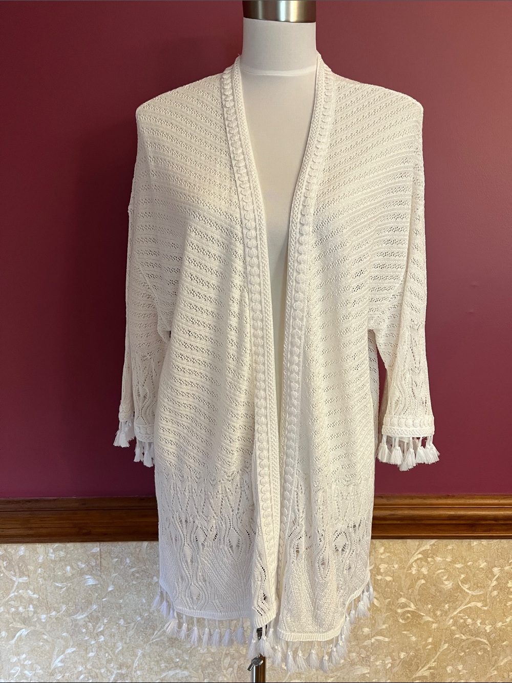 Chico's White Open-Front Knit Cardigan with Tassel Trim